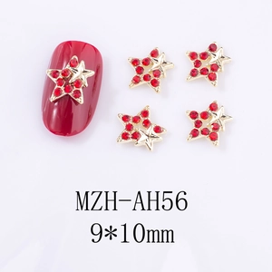 Détails de charmes à ongles étoile dorée et strass rouges 9x10mm sur ongle rouge