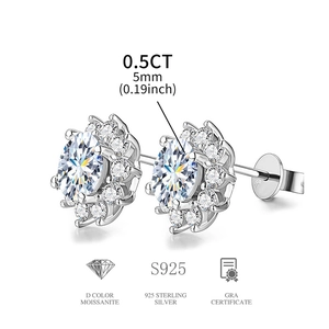 Macro shot of 0.5ct moissanite sunflower earrings in S925 silver with detailed dimensions