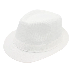 Detailed view of white woven trilby fedora hat with matching white ribbon band