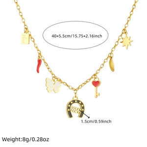 Gold stainless steel necklace with book, heart key, and horseshoe charms in a 40cm chain