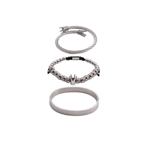 Silver crown and Roman numeral bangle set with zircon beaded bracelets for men