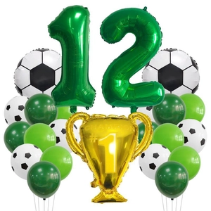 Soccer themed 12th birthday balloon set with gold champion trophy and green number twelve
