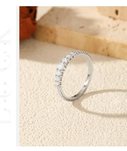 Macro view of dainty S925 sterling silver band featuring a row of sparkling moissanite stones