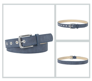 Detail of blue suede belt featuring silver metal pin buckle and multiple eyelets on white background