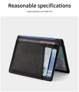 Detail view of ultra-thin black lychee pattern leather card wallet with multiple slots