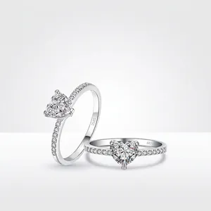 Ensemble de bagues en argent S925 avec zircons en forme de cœur au style minimaliste