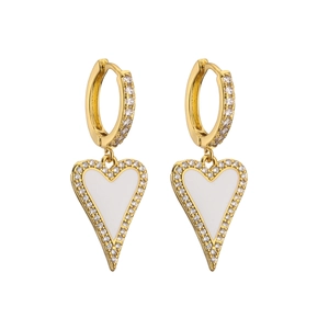 Macro view of gold hoop earrings featuring elongated white enamel heart pendants with zircons