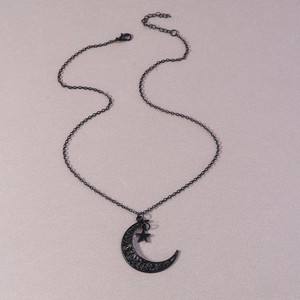 Vintage hollow crescent moon and star pendant necklace in black metal finish