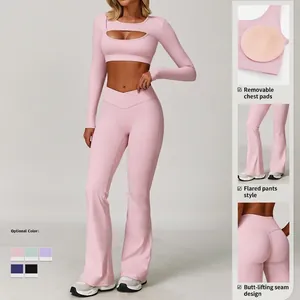 Pink yoga set with open-back long sleeve top and flared leggings, showing key details