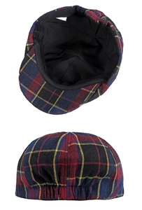 Detail of vintage plaid newsboy hat featuring elastic band and high-quality inner lining