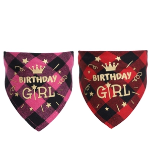 Pink and red buffalo plaid cotton birthday girl dog bandanas with gold crown print