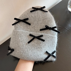 Gray knitted beanie with black velvet bows for women winter warm sweet style accessory