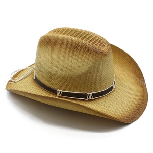 Western style straw cowboy hat with gradient spray paint and adjustable wind rope
