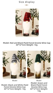 Detailed size display of three plaid Christmas gnome wine bottle covers with dimensions