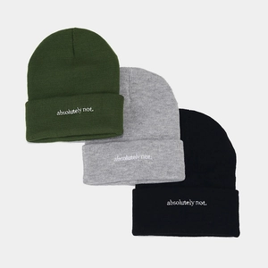 Detailed knit texture of green gray and black beanies with absolutely not embroidery