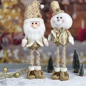 Christmas plush dolls featuring Santa and Snowman with gold sequins and plaid details