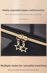 Macro shot of gold star zipper pull on black mesh toiletry bag with durable plating