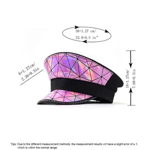 Chapeau militaire holographique rose en cuir avec guide des tailles pour fête