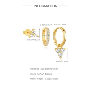 Detailed size specifications for S925 sterling silver petal earrings with zircon