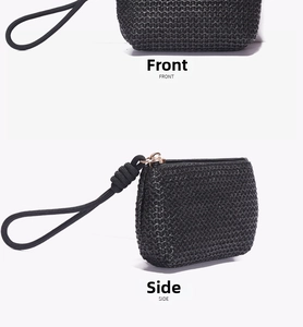 Front and side view of black woven straw coin purse with gold zipper and lanyard
