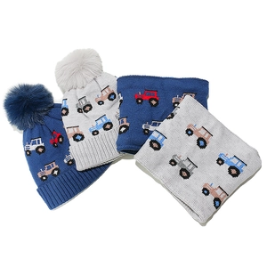 Winter set for boys featuring knitted hats and scarves with colorful tractor patterns