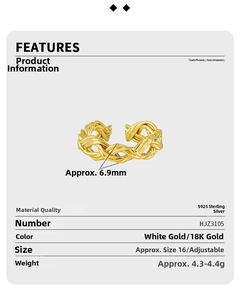 Detailed specs of S925 sterling silver woven knot ring with 18K gold plated finish