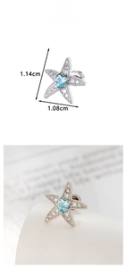 Detailed size view of silver starfish cartilage stud with blue heart zircon stone