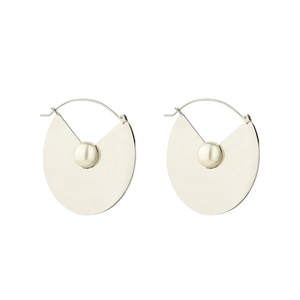 Detail view of silver geometric fan-shaped earrings with central pearl accents