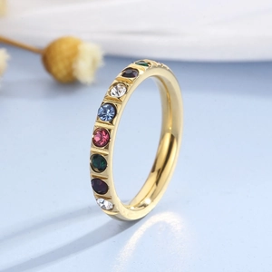 Macro side view of 3mm gold titanium ring with multi-color cubic zirconia inlay
