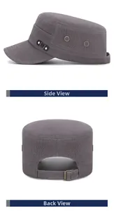 Detail view of cotton flat top cap with side metal eyelets and adjustable back buckle