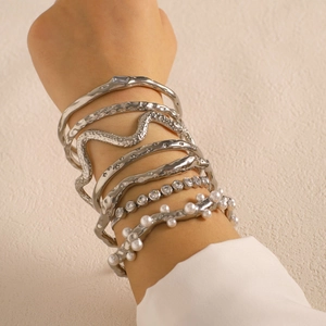 Stainless Steel Textured Wave Cuff Bracelet Zircon Artificial Pearl Inlay Waterproof Hypoallergenic Jewelry For Women
