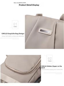 Detail of water-resistant oxford backpack with metal logo and anti-theft back pocket
