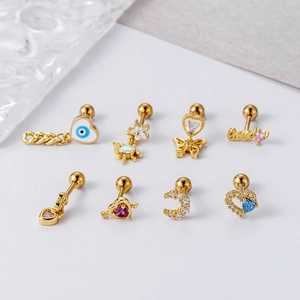 Golden moon heart butterfly stud earrings set with colorful zircon and screw backs