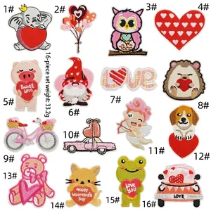 Macro view of 16-piece cartoon iron-on patches with animal and heart embroidery