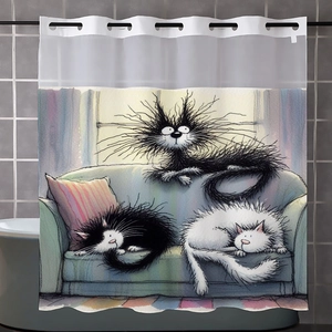 Detail of cartoon cats digital print shower curtain with metal grommets and sheer header