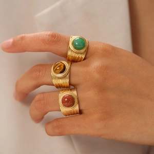Vintage Wide Band Open Ring Stainless Steel Gold Plated Natural Stone Tiger Eye Adjustable Retro Jewelry For Women