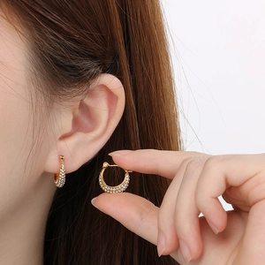 French vintage U-shaped gold hoop earrings with double row paved zirconia for women