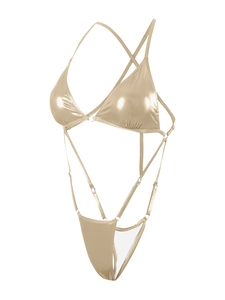 Detail of champagne gold one-piece swimsuit with metallic coating and strappy cut-outs