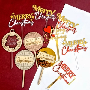 Set of 8 acrylic and wooden Merry Christmas cake toppers in gold and red festive designs