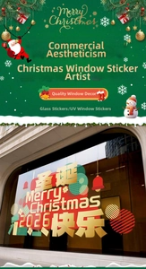 Detail showing 2026 Merry Christmas UV window stickers with red and gold bell design