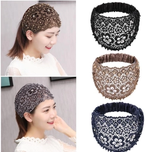 Wide Lace Headband Faux Artificial Pearl Rhinestone Elastic Floral Hollow Out Hair Band For Women Fashion Accessories
