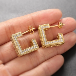 Modern gold-plated square stud earrings with pave-set sparkling cubic zirconia crystals