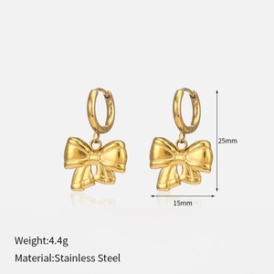 Minimalist gold bow-knot pendant hoop earrings in stainless steel for women 25mm