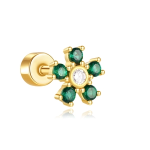 Detail of s925 silver flower earring with green zircon petals and golden screw back