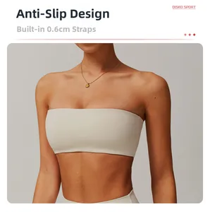 Beige bandeau bra featuring dual 0.6cm built-in non-slip bands for secure stability