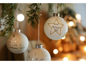 Detail of 8cm white matte Christmas ornaments with gold glitter snowflake and star patterns