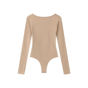 Detail showing back U-neck design and ribbed knit texture of khaki bodysuit for women