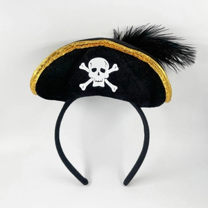Halloween Caribbean pirate hat headband with black feathers and golden skull emblem