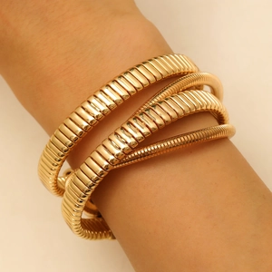 Chic multi-layer gold snake bone chain wrap bracelet with textured vertical stripes