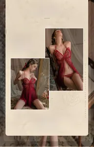 Detailed view of red butterfly mesh lingerie with adjustable halter neck and back ties